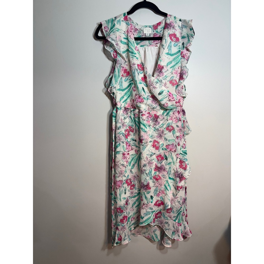 A New Day Floral Flutter Sleeve Wrap Midi Dress Pink Teal White Womens Small